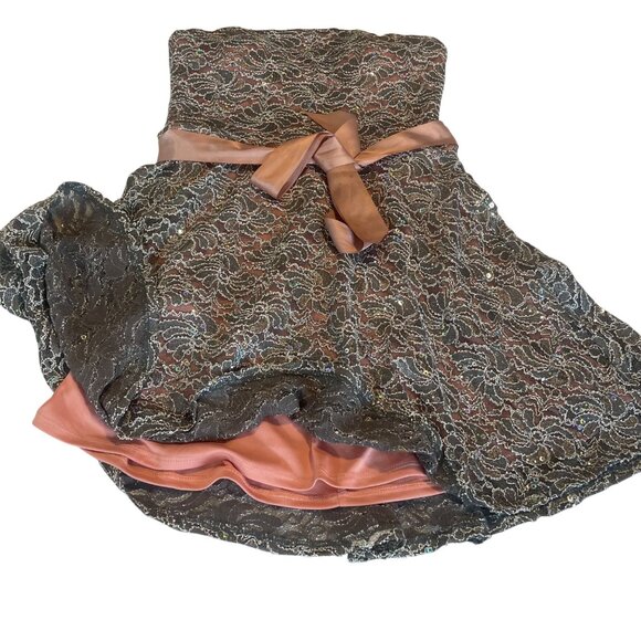 Delia Strapless Lace Dress Pink Satin Bow & Asymmetrical Silver Blush Colors Wom - Picture 8 of 11